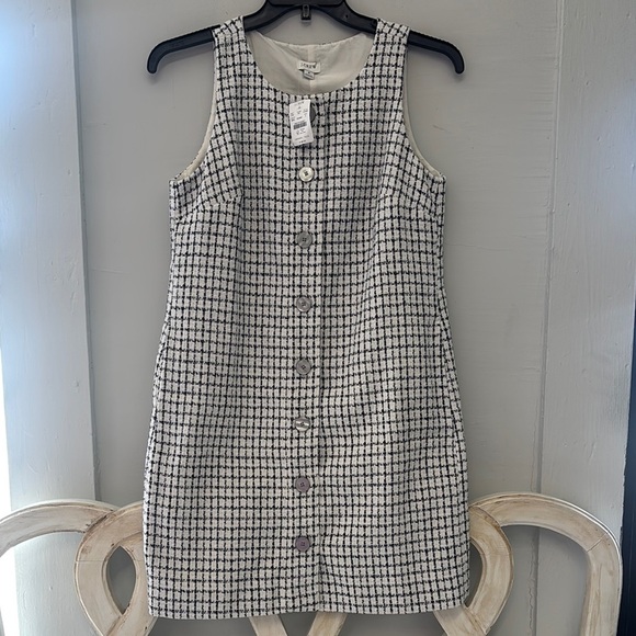 J. Crew Black and White Sleeveless Tweed Button Front Shift Dress NWT Size 8 - Picture 2 of 6